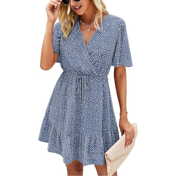 Amazon Dresses & Skirts - Flowy Fall Casual Short Sleeve V-Neck Ruffle Printed Flowy Mini Dress Small Blue
